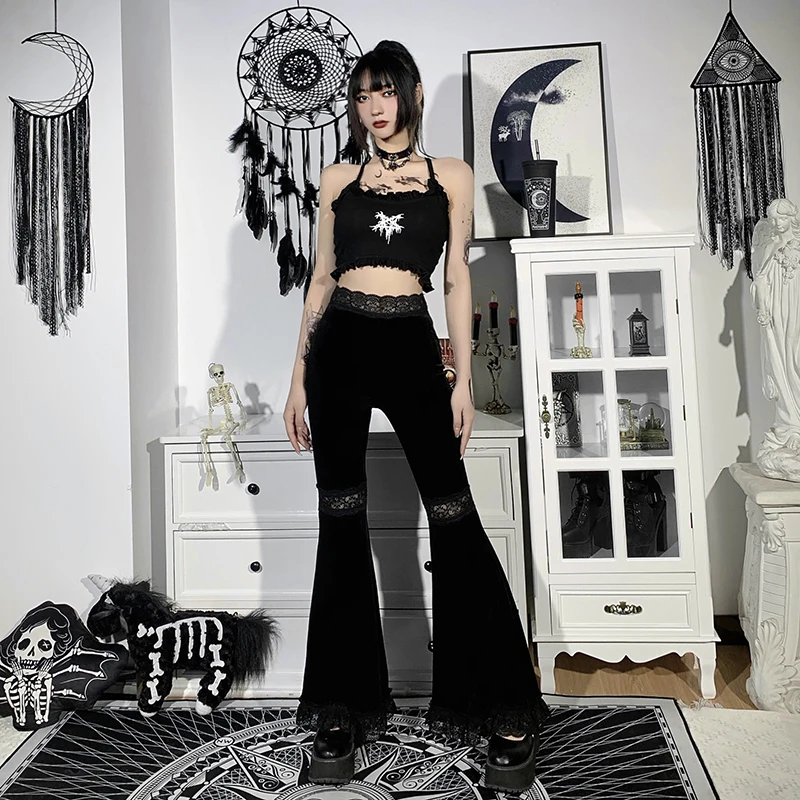 Women's Flared Pants New Black Lace High Waist Trousers Gothic Halloween Costume