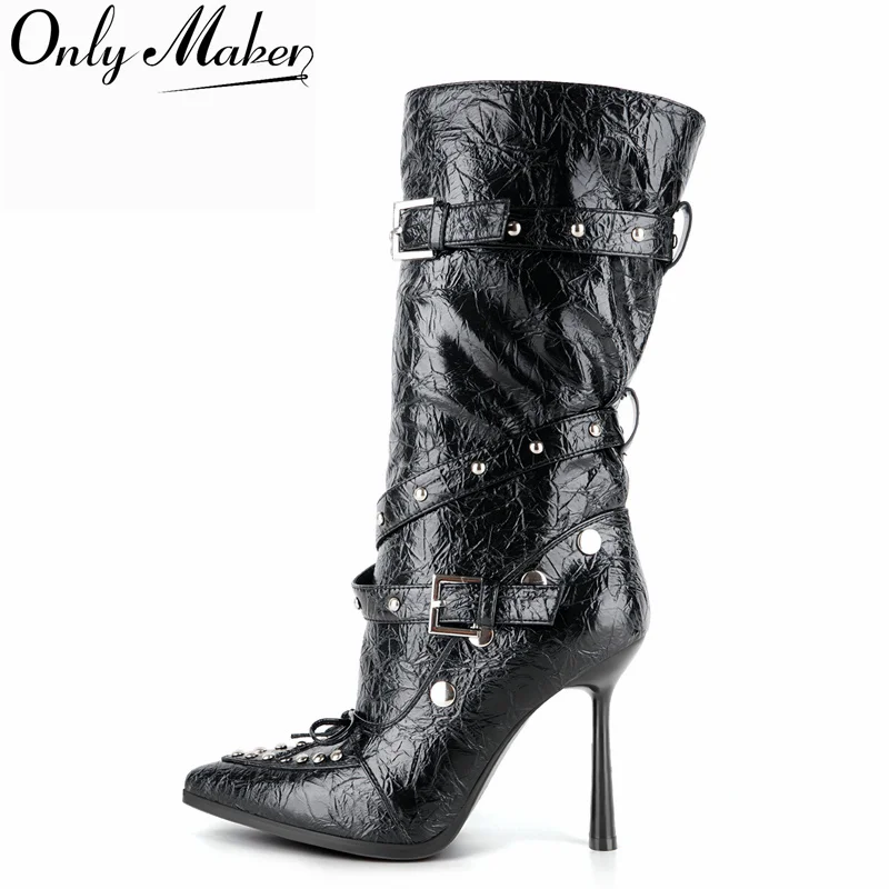 Onlymaker Punk MidCalf Boots Crackled Faux Leather Pointed Toe Stiletto Heel Rivet Buckle Strap Bow Slouch Gothic Party Boots