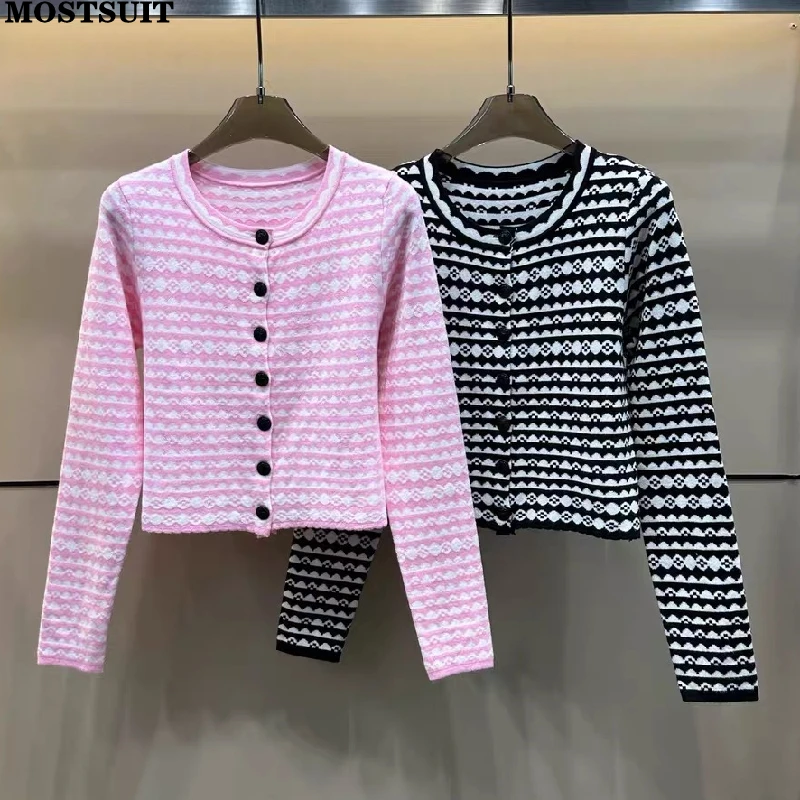 

Korean Striped Knit Sweater Cardigan Women Autumn Winter Long Sleeve O-neck Single-breasted Stylish Chic Ladies Jumpers Tops