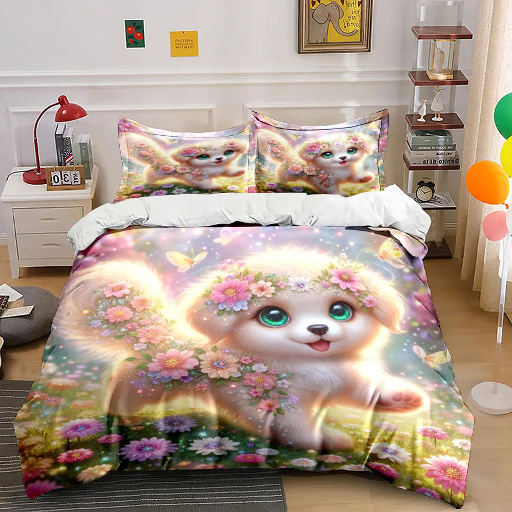 Enchanted dog in floral paradise Duvet Cover Set with 3D Printing Design Soft Polyester Bedding Set All-Season Comfort