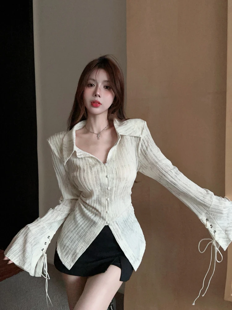 French Style Flare Sleeve Shirts for Women Retro Chic Lace-up Spring Autumn Elegant Feminine Sexy Tops Aesthetic Clothes Popular