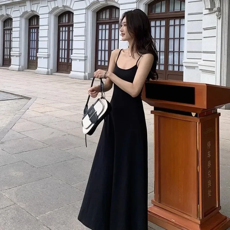 섹시한 연예인 스타일 단색 원피스 여성, 서스펜더 긴 원피스 슬림핏, 분위기 있는 휴가 캐주얼 원피스, 여름 신상