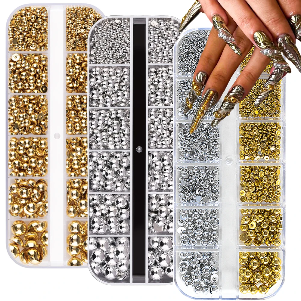 12 Grids Gold+Silver 3D Nail Charms Mixed Size Flat Back Jewel Round Beads y2k Pearls Nail Art Decoration DIY Accessories Parts