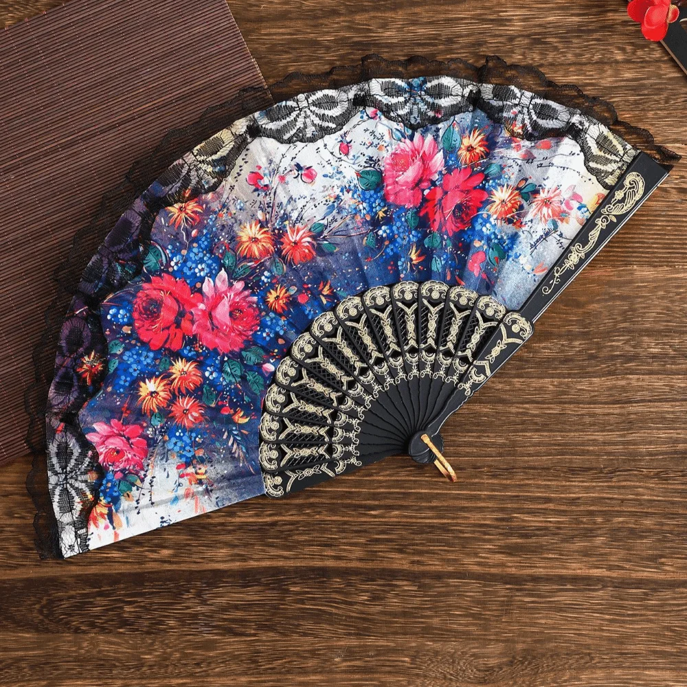 Elegant Plastic Ribs Spanish Folding Fan Lace Trim Edge Black Floral Fabric Fan Floral Printed Cloth Handheld Fan Gift