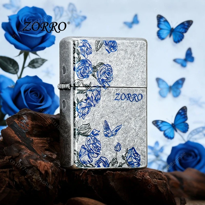

Латунная керосиновая зажигалка ZORRO, винтажная синяя зажигалка с резьбой в виде розы и бабочки, с техникой тиснения, мужская зажигалка для сигарет, подарок