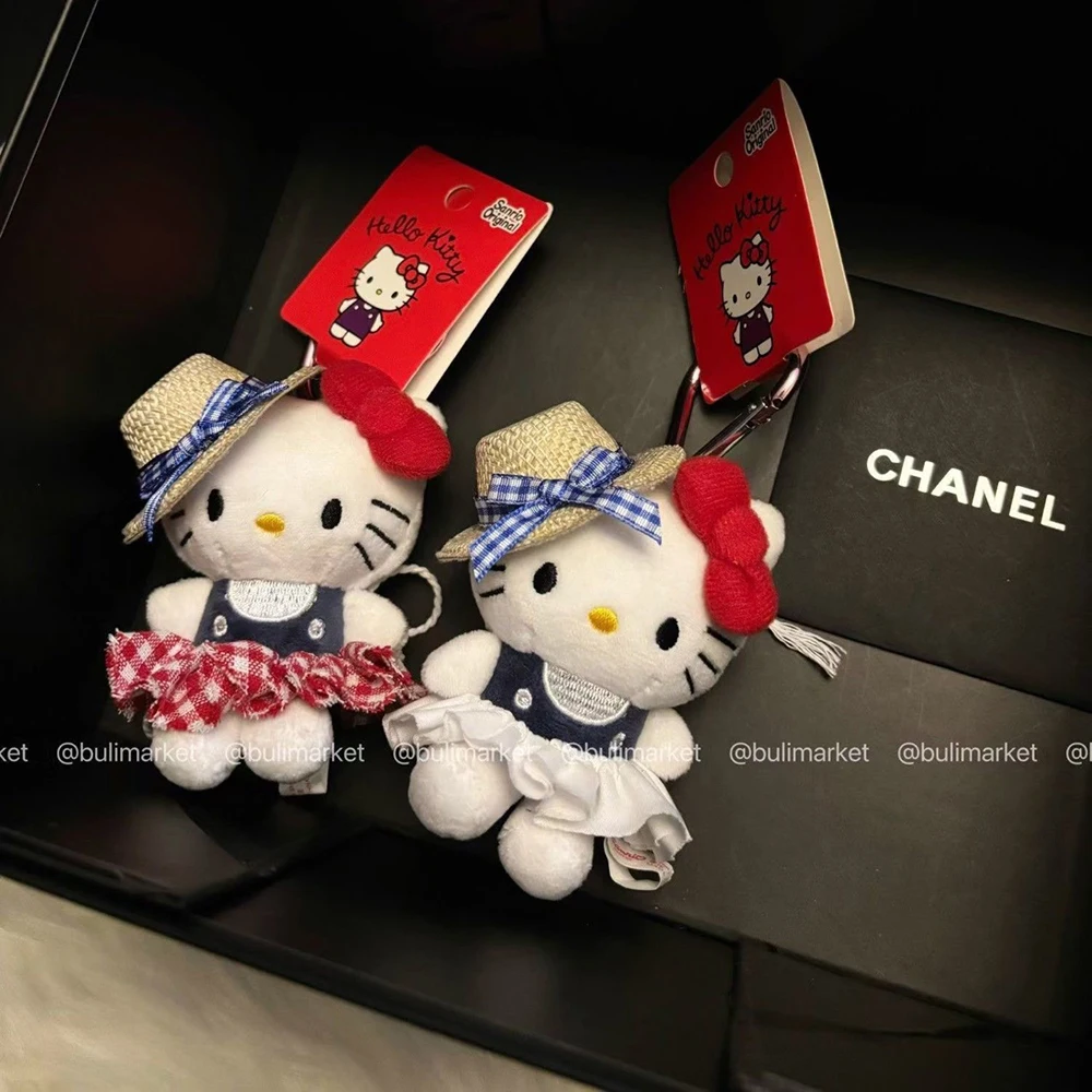 Hello Kitty Sanrio 10Cm llavero de felpa sombrero de paja muñeca Kawaii colgante Anime dibujos animados Plushie juguete regalos de navidad para niños