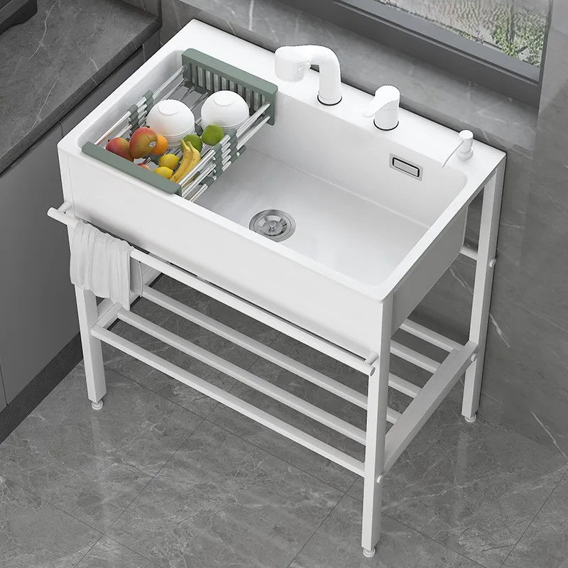 Stainless steel bracket vegetable basin kitchen double hole quartz stone sink integrated laundry basin household hand washing