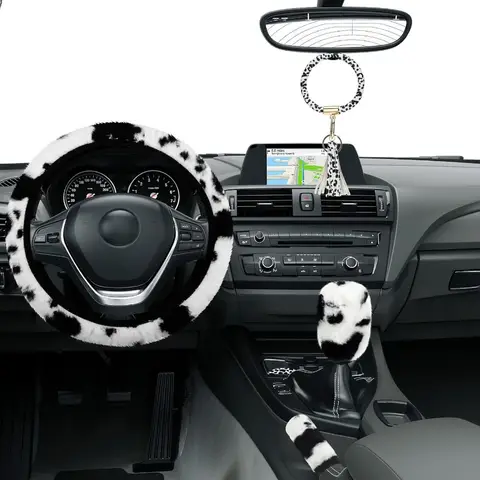 10 पीस गाय प्रिंट कार एक्सेसरीज़ सेट गाय फ़्लफ़ी प्लश स्टीयरिंग व्हील कवर शिफ्ट कवर हैंडब्रेक पैड कप सीट बेल्ट पैड ब्रेस 6 best sales स्टीयरिंग व्हील कवर सेट - №3