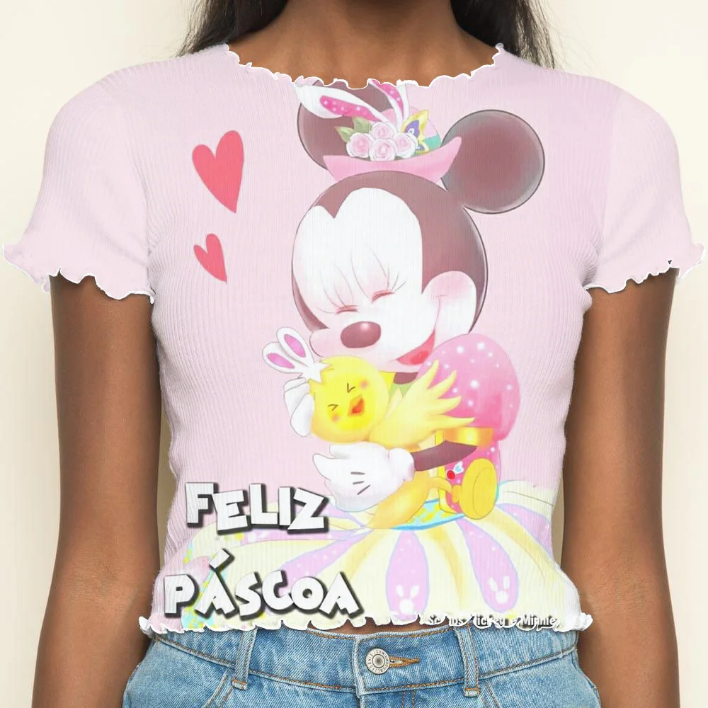 Short Sleeve Summer Clothes Women 2024 Crop Tops Sexys Disney Y2k T-shirts Lettuce Trim Woman Clothing Minnie Mouse T-shirt Top