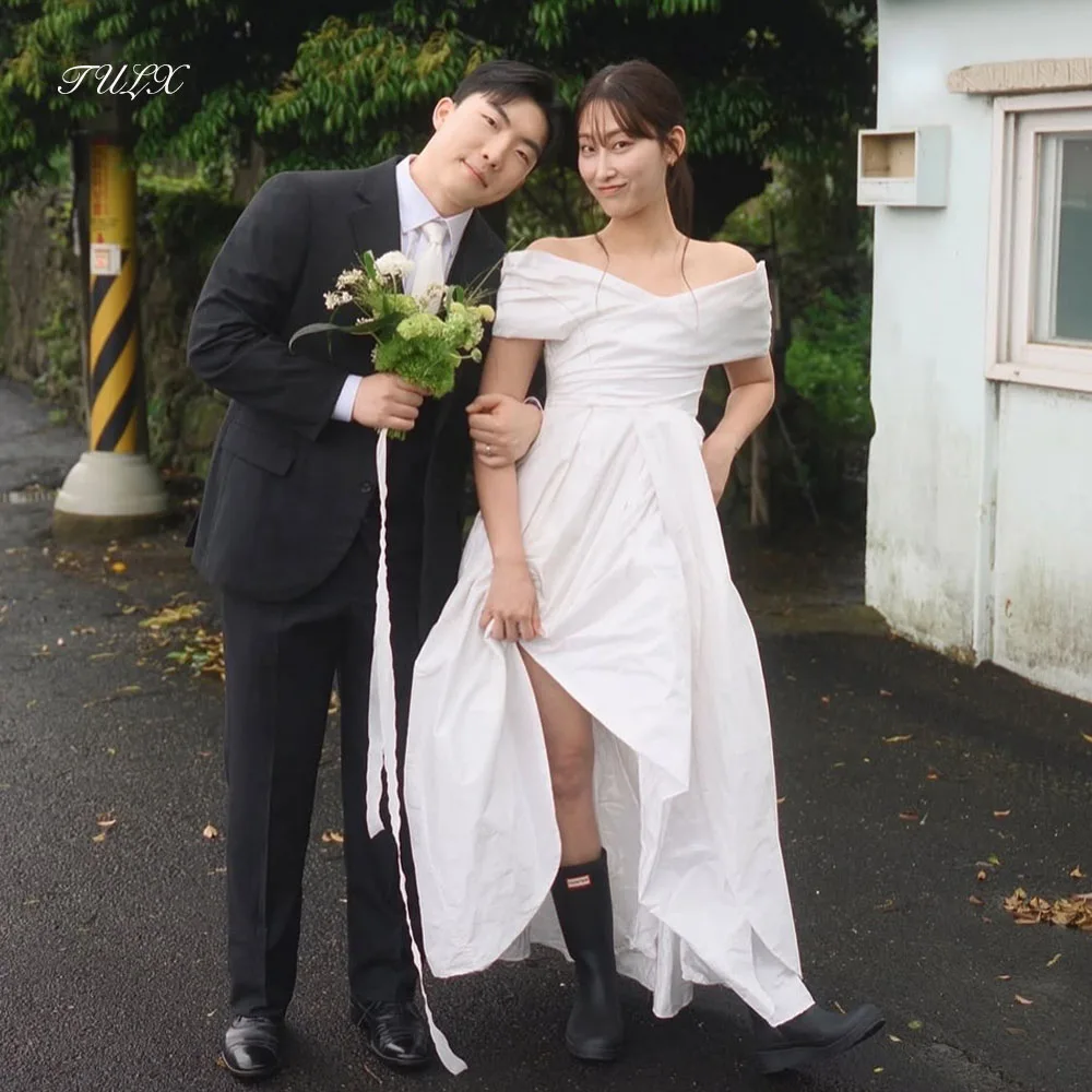 

TULX Simple ivory Taffeta Wedding Photo Shoot Dress Off Shoulder A line Ankle Length Corset Korea Bridal Gowns 웨딩드레스 Customized