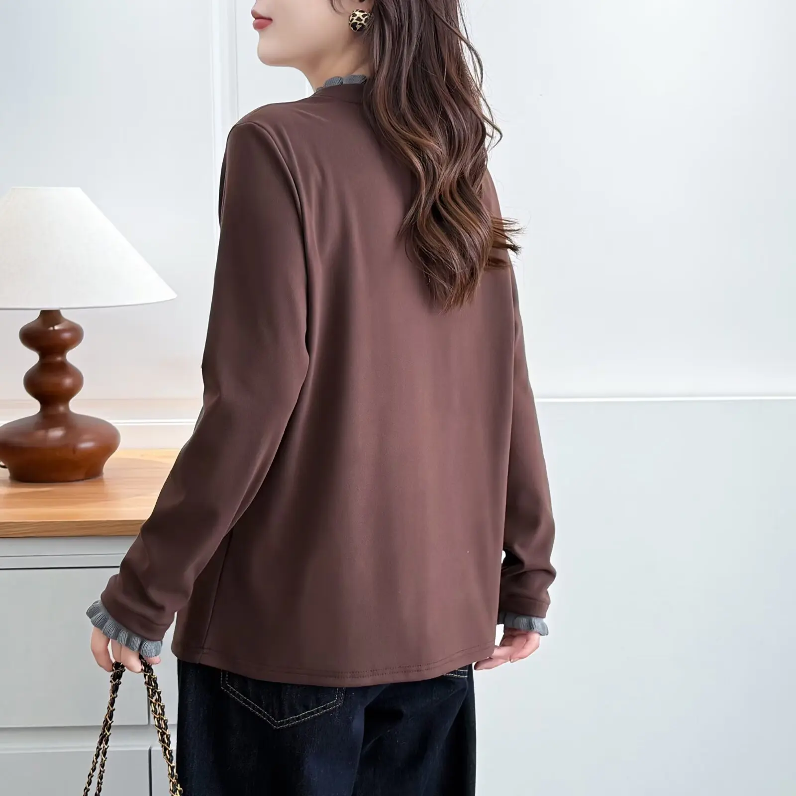 XXXXL موضة حجم كبير تي شيرت المرأة الخريف الشتاء دي المخملية كتلة دافئة اللون تكدرت طوق كم طويل قاعدة القمم 984 #4