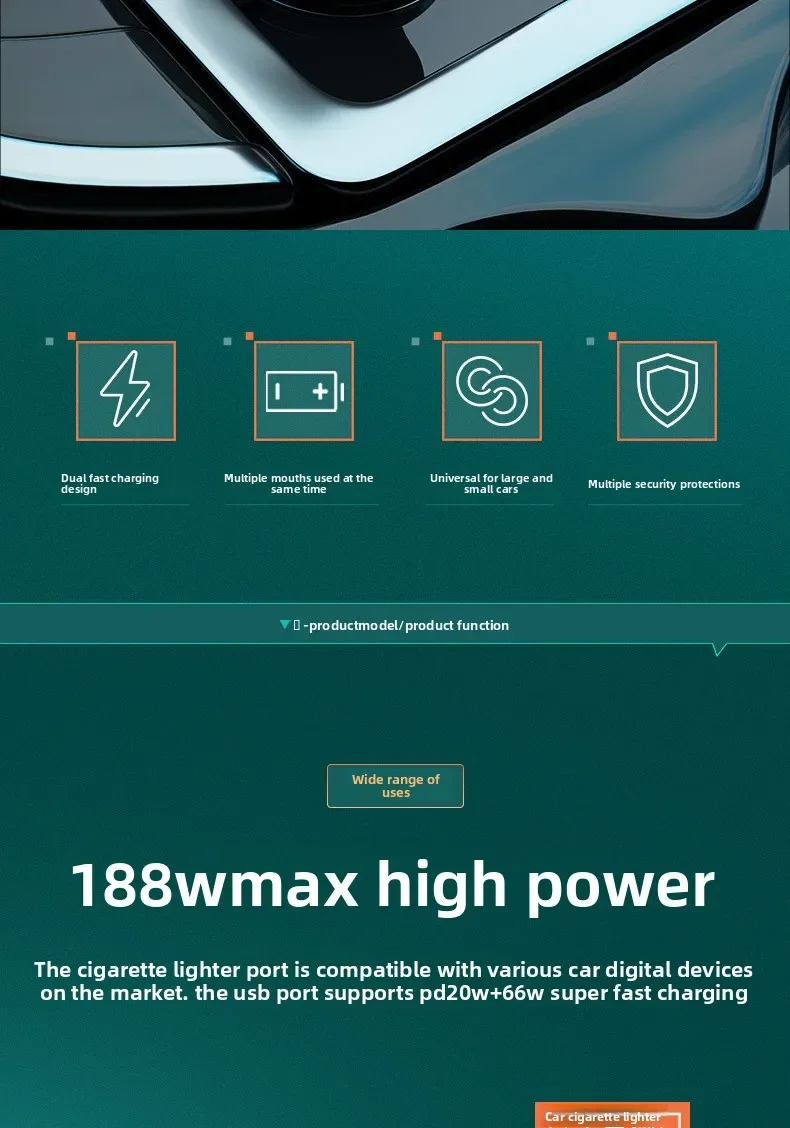 188W Car Charger with QC3.0 & PD20W Fast Charging 3-Port USB Adapter for iPhone Samsung 12V/24V Cigarette Lighter Socket