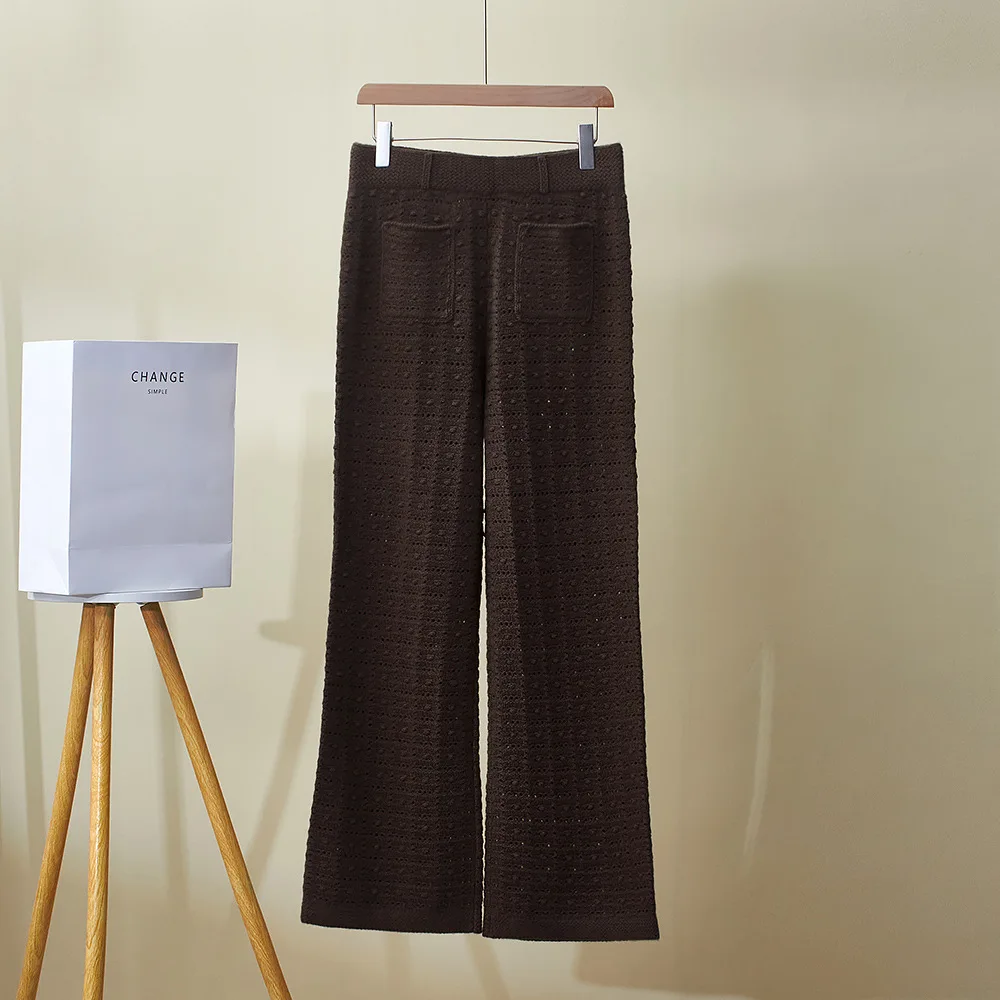 

Осенне-зимние новые шерстяные брюки с высокой талией, свободные широкие брюки, вязаные брюки с полыми карманами для женщин