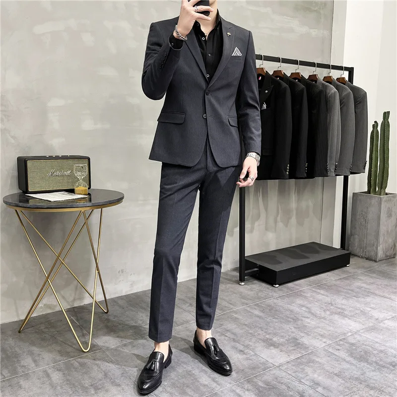 High End Men's Suit  Fashion Trend Business Formal（Jacket+Pants）Slim Fit  Solid Color 2-piece Set Blazer Trousers Groom Wedding