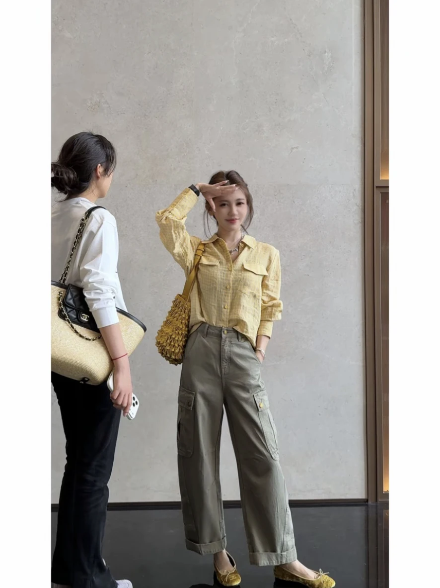 

Модный повседневный льняной топ с воротником и узором для ранней весны, омолаживающий женский кардиган с длинными рукавами