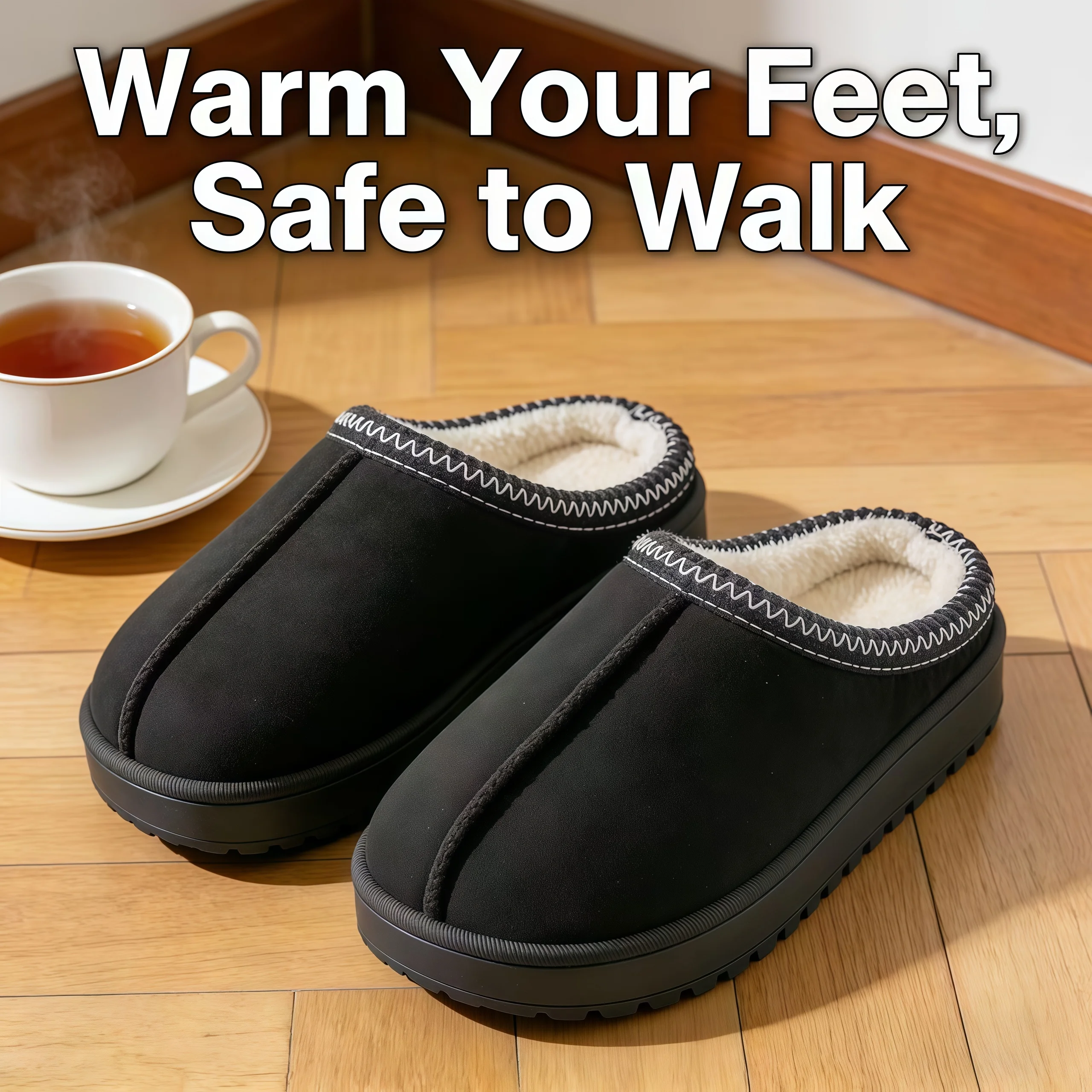 

2026 New Men's plush wool lined slippers, winter warm home shoes, thick EVA soles, comfortable indoor/outdoor non slip slippers