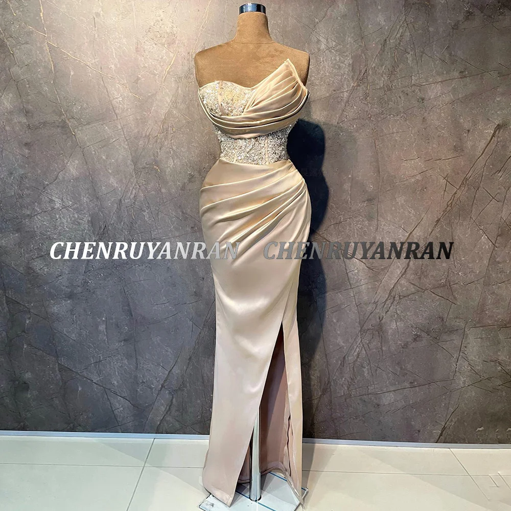 Customized Satin Evening Dresses Long Luxury Sweetheart Split Sexy Prom Gowns Bead Mermaid Satin Elegant Dress Wedding Party New