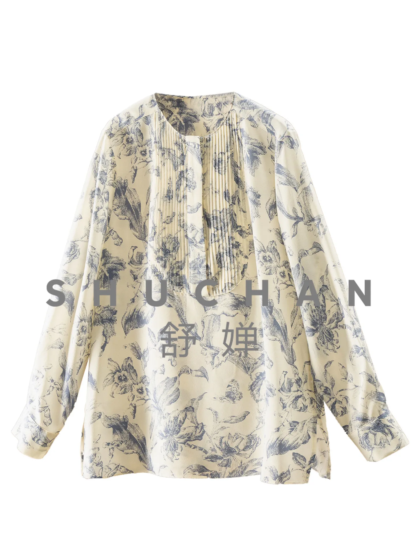 

Блузка женская сине-белая с французским люксовым принтом, из шелкового двойного крепа, плиссированная, с длинными рукавами, модель 29L1