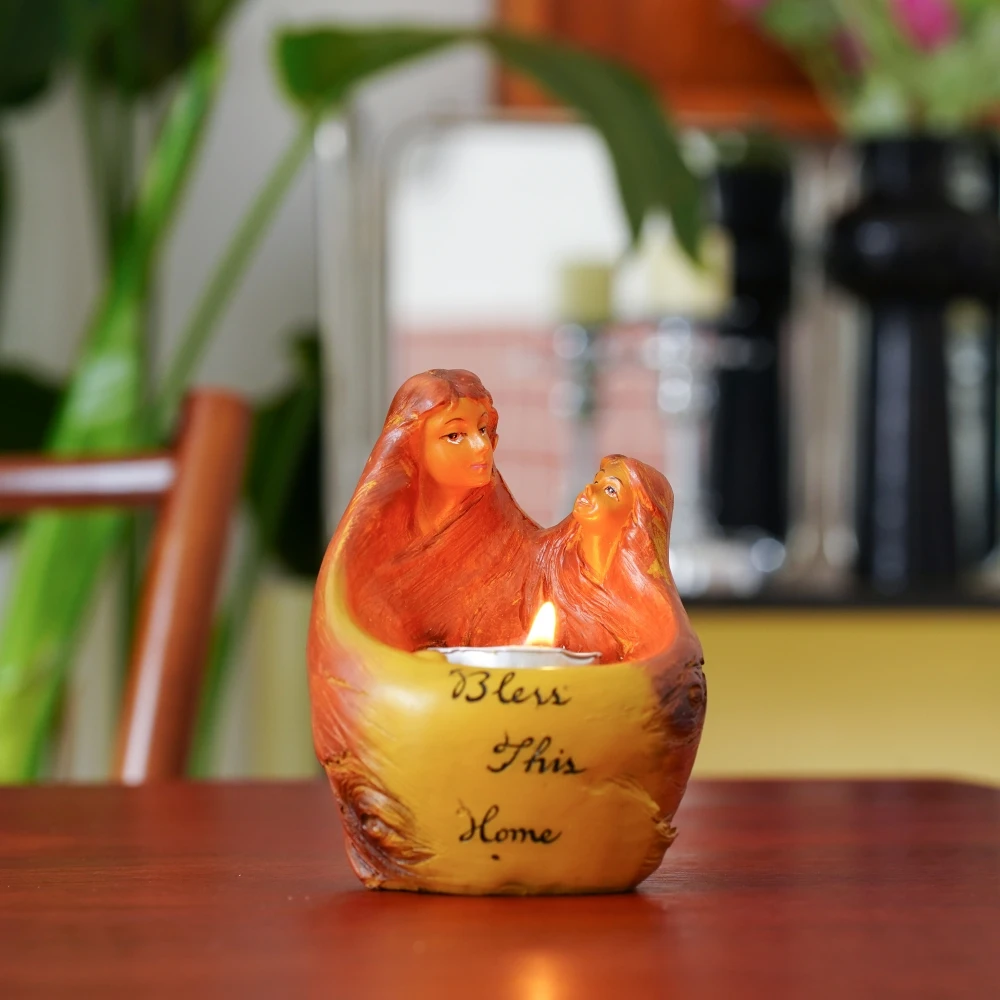 "Segne dieses Zuhause" Kerzenhalter aus Kunstharz, Engel-Figur, Kerzenständer, christliche Kirchen- und Heimdekoration, Thanksgiving-Tischdekoration – Detail 1