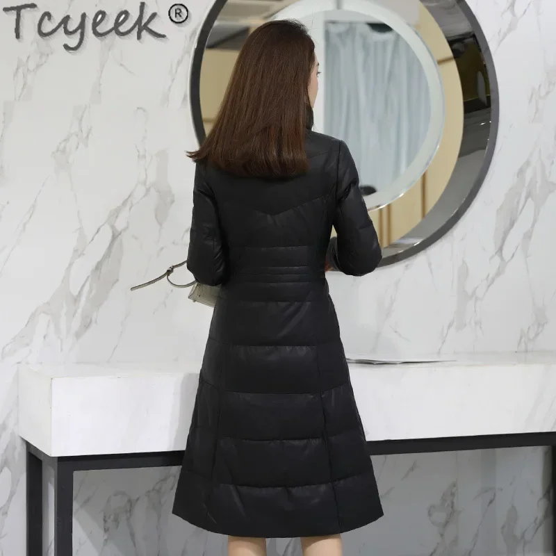 Tcyeek-Doudoune en cuir véritable pour femme, manteau mi-long en peau de mouton véritable, vêtements pour femme, col montant, combinaison en duvet de canard blanc