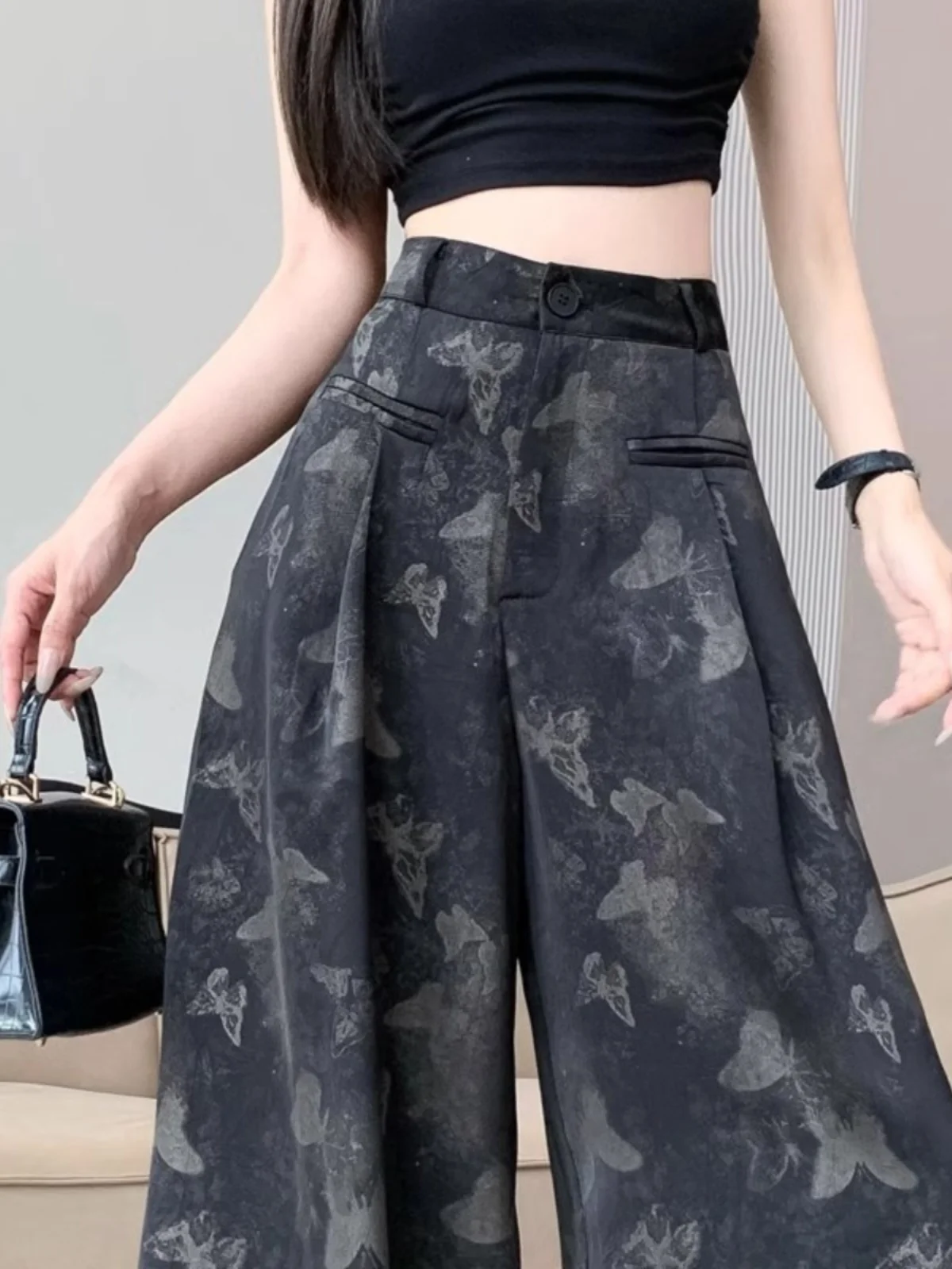 Retro Print Wide Leg Pants Skirt Women's Spring New Thin Design High Waist Pants Drape Casual Straight Long Pants