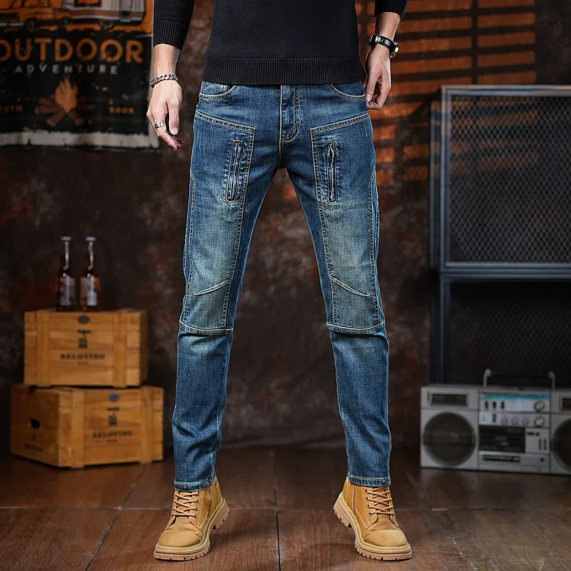 Motorcycle jeans men's patchwork design trendy and fashionable slim fit small leg pants zipper technology retro men's clothing