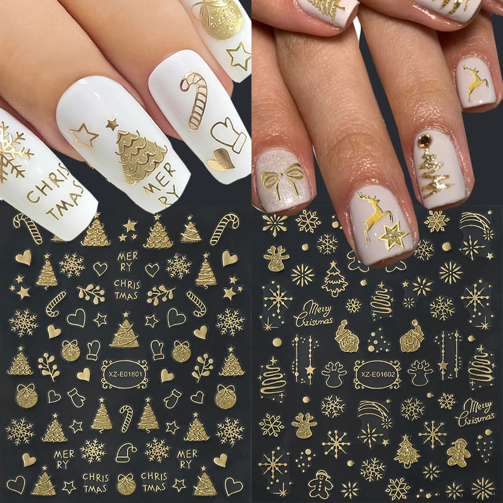 2 stücke Gold 3D Weihnachten Nagel Aufkleber Reflektierende Glitter Weihnachten Baum Schneeflocken Lebkuchen Klebe Aufkleber Winter Maniküre Sliders