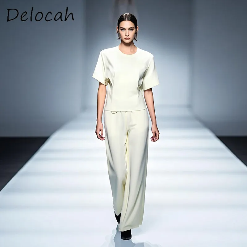 

Deloach модная женская одежда высокого качества с круглым вырезом, вязаный свободный комплект с короткими рукавами и свободными прямыми брюками, повседневный комплект