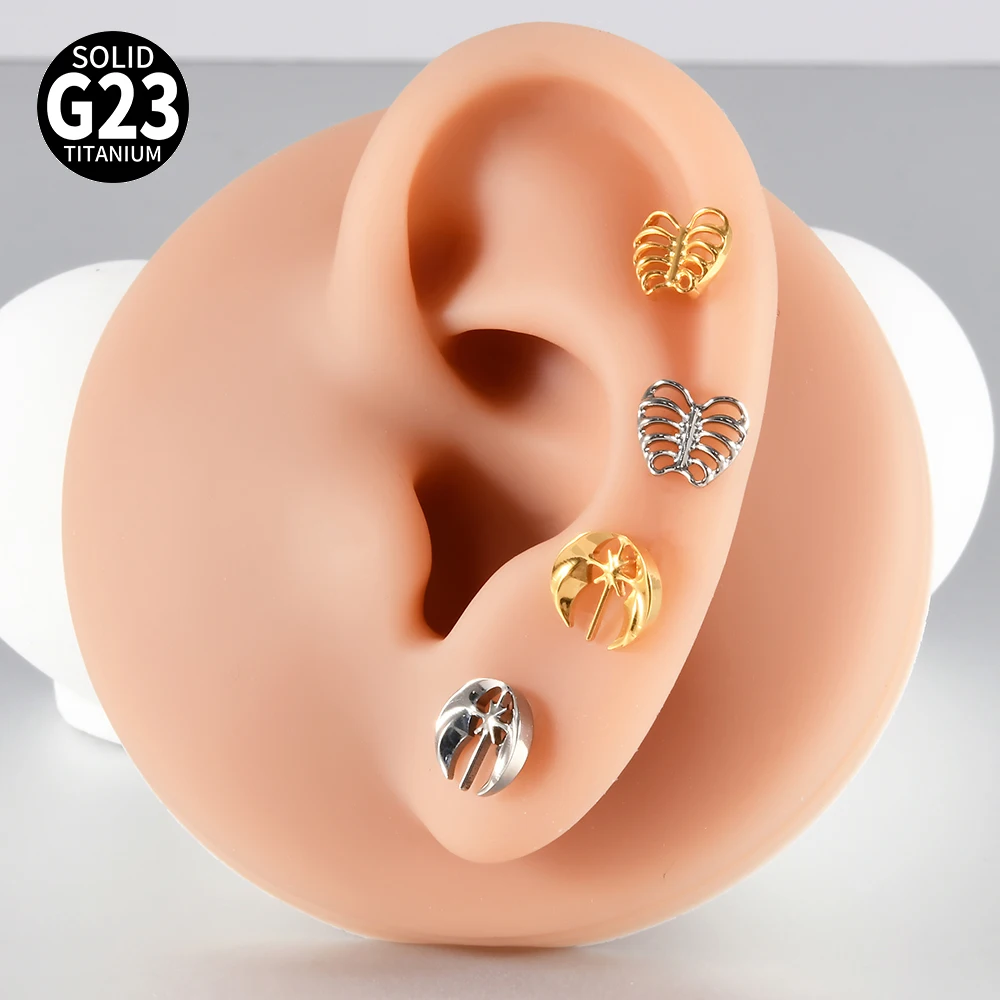1PC  Ribs G23 Pure Titanium Lip Studs Internal Thread Heart Ear Helix Tragus Cartilage Earrings Body Piercing Jewelry 16G