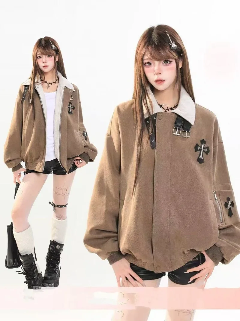 22026 Spring Autumn Lapel Short Jacket Women Y2K Clothes Retro Cross Pattern Lazy Chic Loose High Neck Casual Elegant Outer Coat