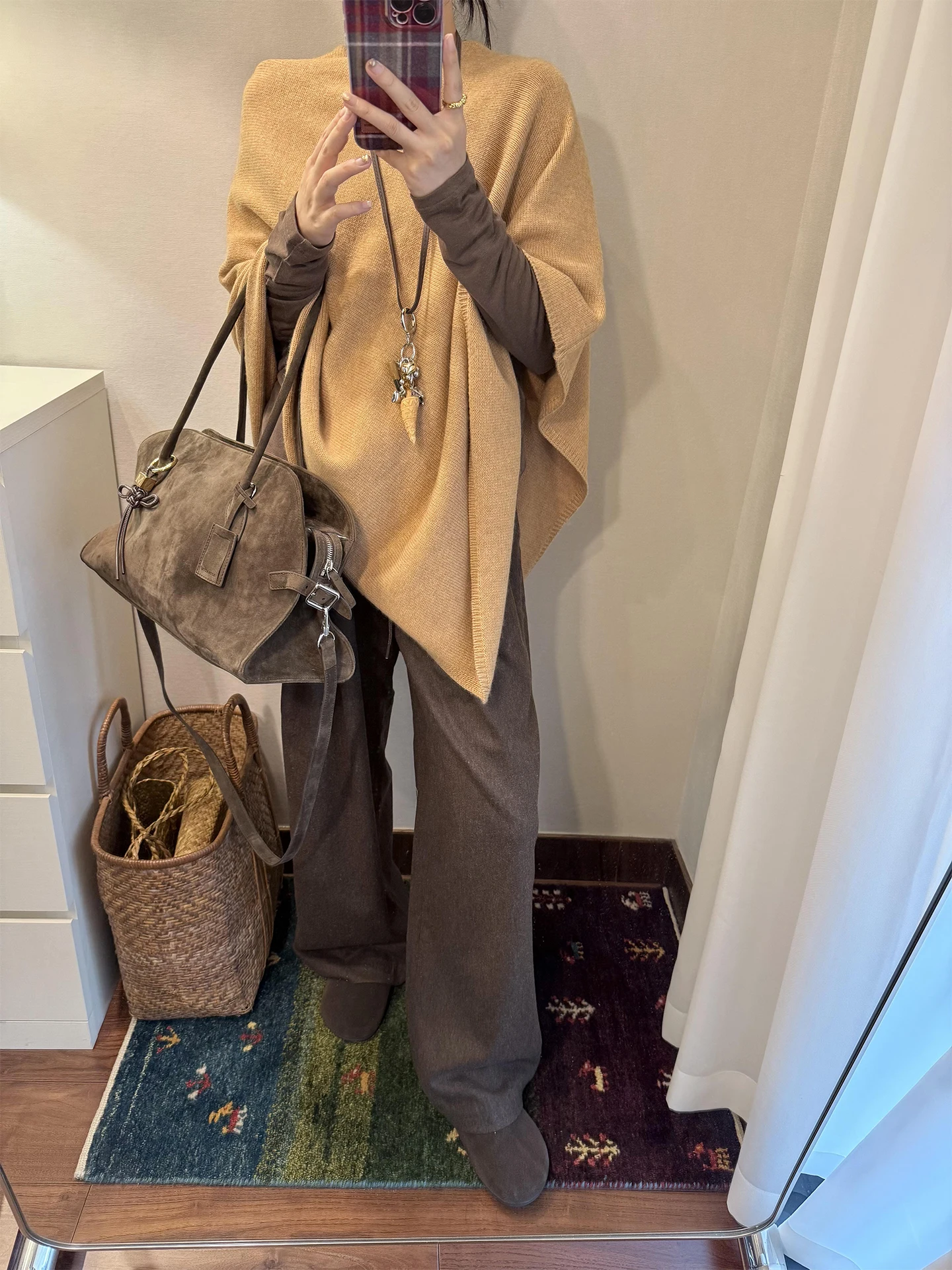 

Oversized Knitted Shoulder Wrap in Oats Color for Women Autumn Winter Fashion Korean Style Loose Cowl Neck Cloak Top