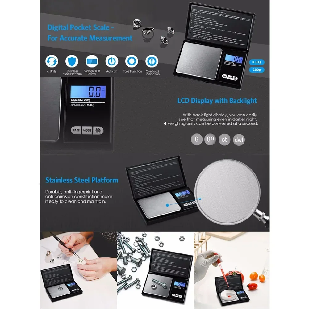 مقياس مجوهرات صغير مع شاشة LCD ، مقياس وزن رقمي لوزن المجوهرات ، توازن دقيق لوزن الجرام ، موازين الجيب ، 1: 1