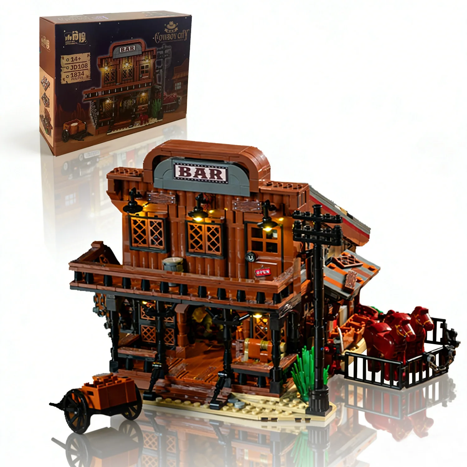 

1834PCS Wild West Cowboy Bar Building Set, Western Saloon Model Kit with Stable & Wagon, Collectible Display