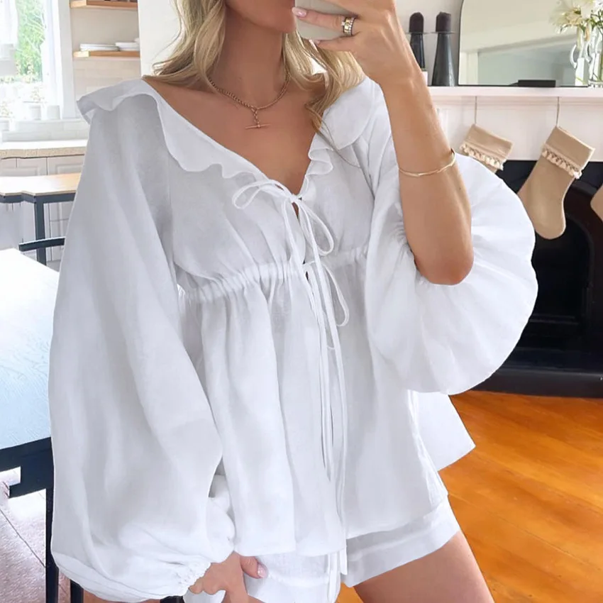 New Cotton and Linen White Lantern Sleeve V-neck Top Shorts Set for Women's Two-piece Set