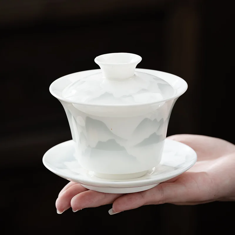 

Sheep fat jade cover bowl sheep light luxury ceramic tea home kung fu tea business hand gift