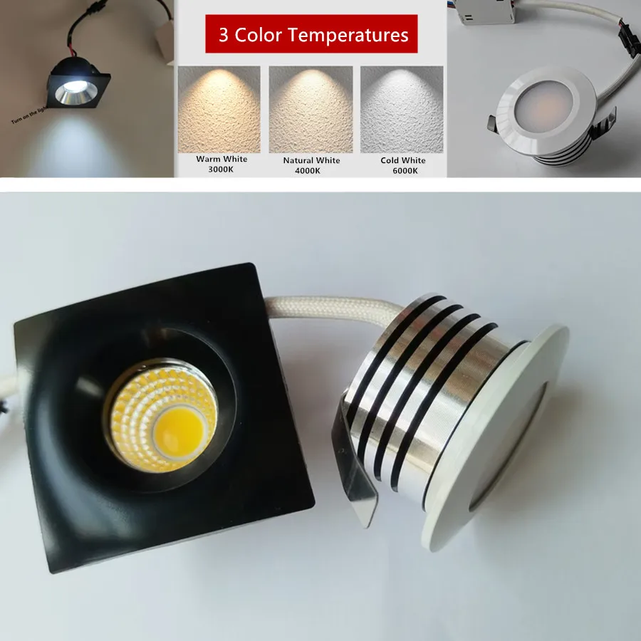 

6pcs Mini LED Spot Downlights COB 3W 300lm 110V 220V Dimmable Cabinet Light Black White Silver Finish Aluminum Cut Hole 35mm