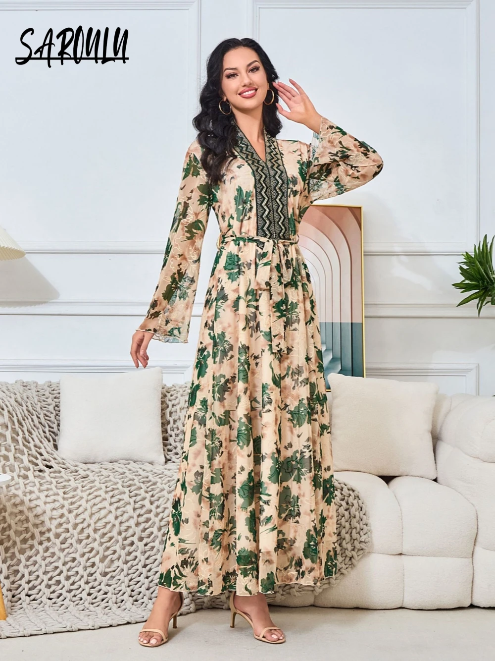 Muslim V Neck A Line Evening Dress Elegant Kaftan Long Sleeves Party Wear With Belt In Stock Arab Customized Sweet Prom Robe