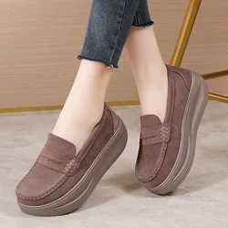 Spring Autumn Women Flats Ladies Genuine Leather Slip-on Casual Round Toe Platform Wedges Shoes Female Comfort Mom Single Shoes