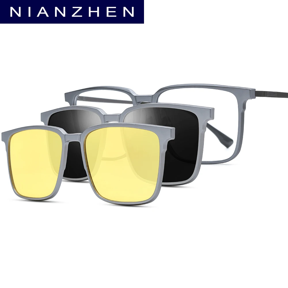 NIANZHEN Alloy Glasses Frame Men Square Magnet Clip Eyeglasses Night Vision & Polarized Lens Ultralight Eyewear 22216