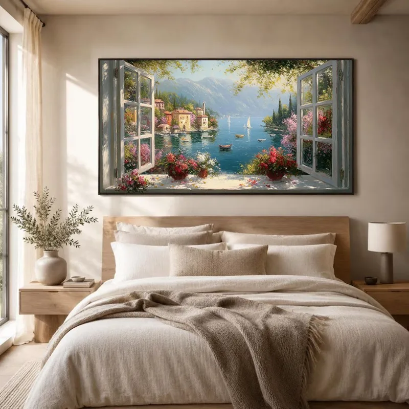 Mediterranean Coastal View Tranquil Como Lakeside Santorini Floral Terrace Poster Canvas Painting Wall Art Pictures Home Decor