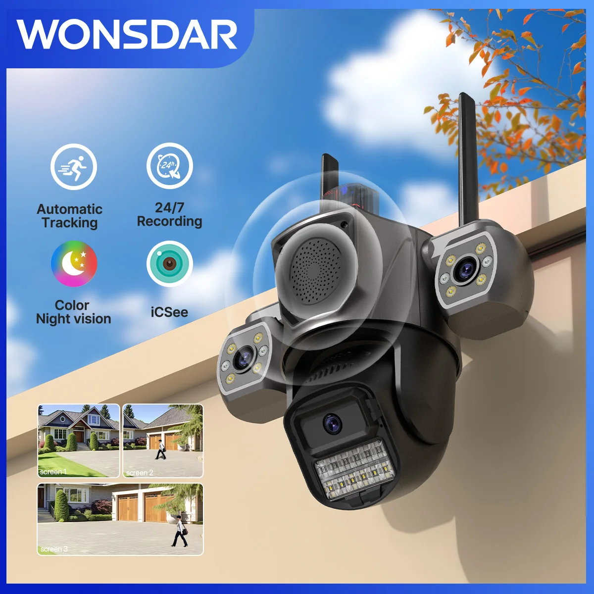 كاميرا IP عدسة ثلاثية في الهواء الطلق تعبئة الصوت المتكلم واي فاي كاميرا AI كشف الإنسان تتبع السيارات PTZ HD مراقبة الفيديو iCSee