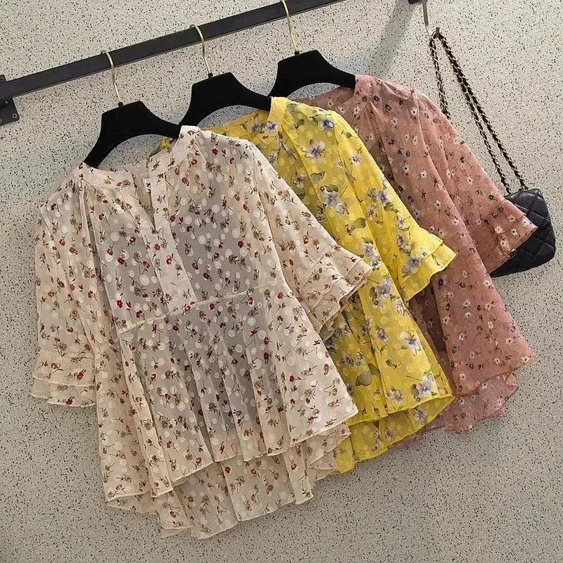 Floral Print Loose Short Sleeve Women's Chiffon Top Summer New Style Korean Loose A-Line Belly Covering Fashionable Shirt
