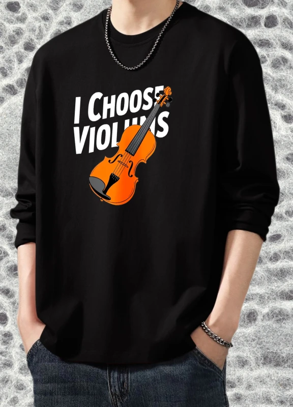 

Футболка для мужчин осенняя спортивная футболка высокого качества с длинным рукавом и графическим рисунком I Choose Violins Пара Базовая футболка с принтом Удобная высокая