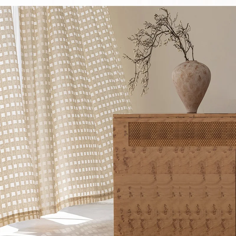 Medieval style linen-colored small square curtains modern simple light-transmitting and opaque bedroom curtain tulle custom size