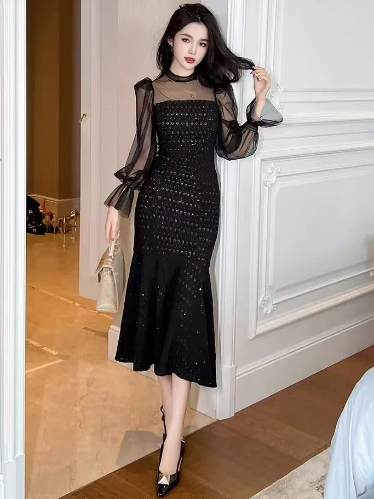 SMTHMA New Autumn Flare Sleeve Slimming Mermaid Dresse Vintage Elegant Patchwork Mesh Temperament Mid Length Party Dresses