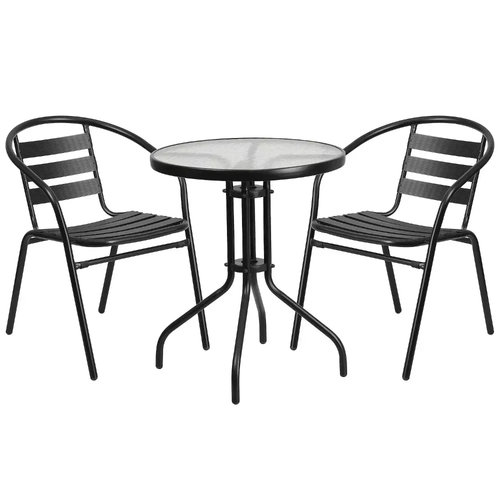 Furniture Patio Round Bistro Table & Slatted Chair 3-piece Set