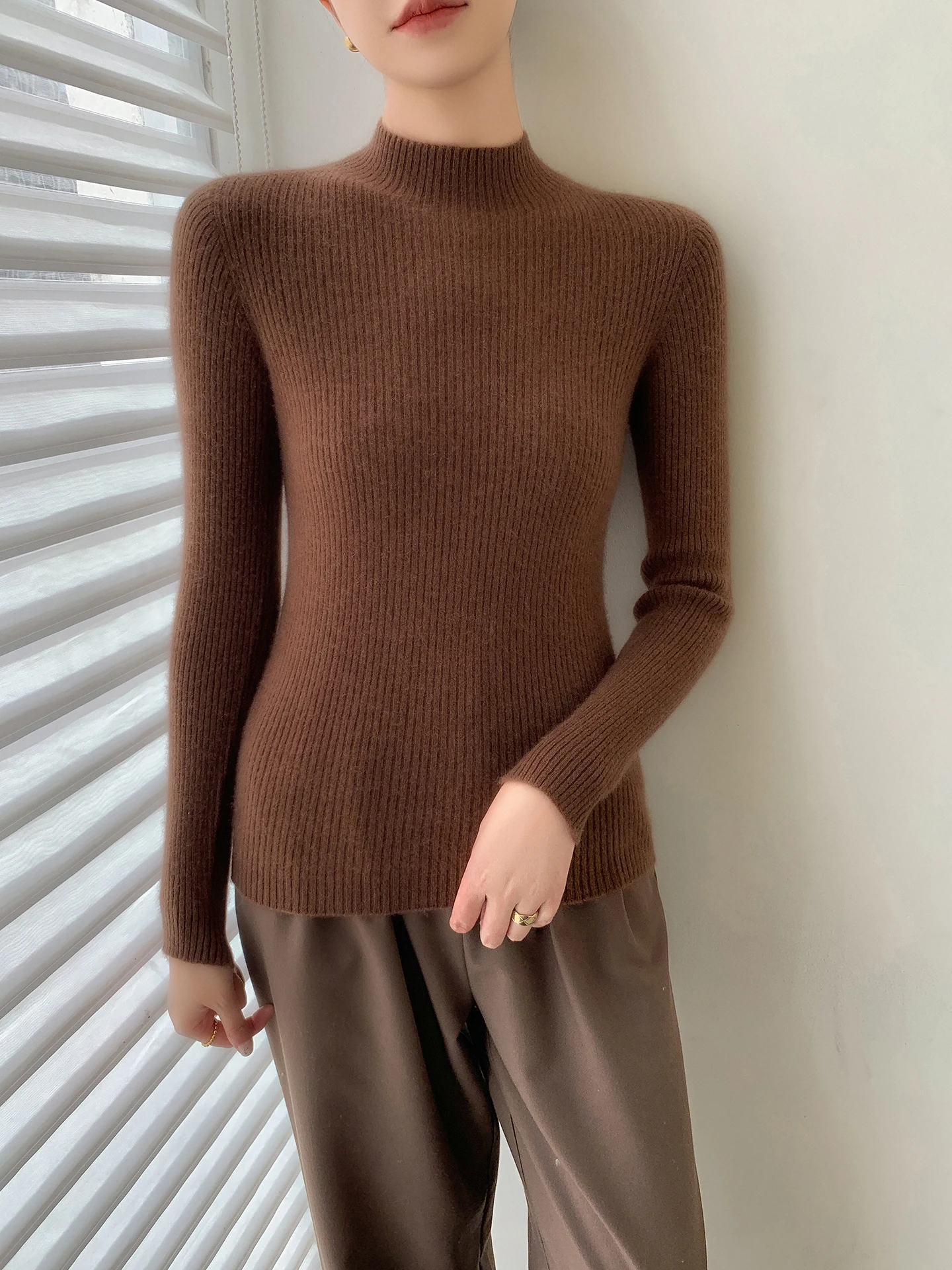 Elegante vrouw merinowollen trui Basic vrouwelijke herfst winter gebreide kleding slanke zachte trui lange mouw kleding tops dames trui