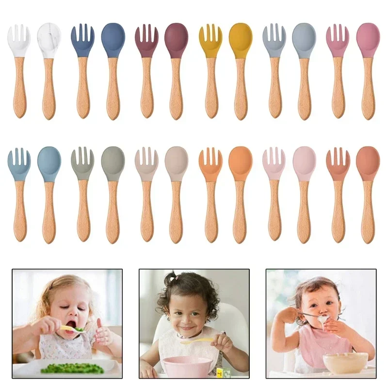 Baby 2pcs Silicone Fork Spoon Baby Beech Wood Feeding Spoon Toddlers Infant Feeding Accessories BPA Free Baby Feeding Tableware