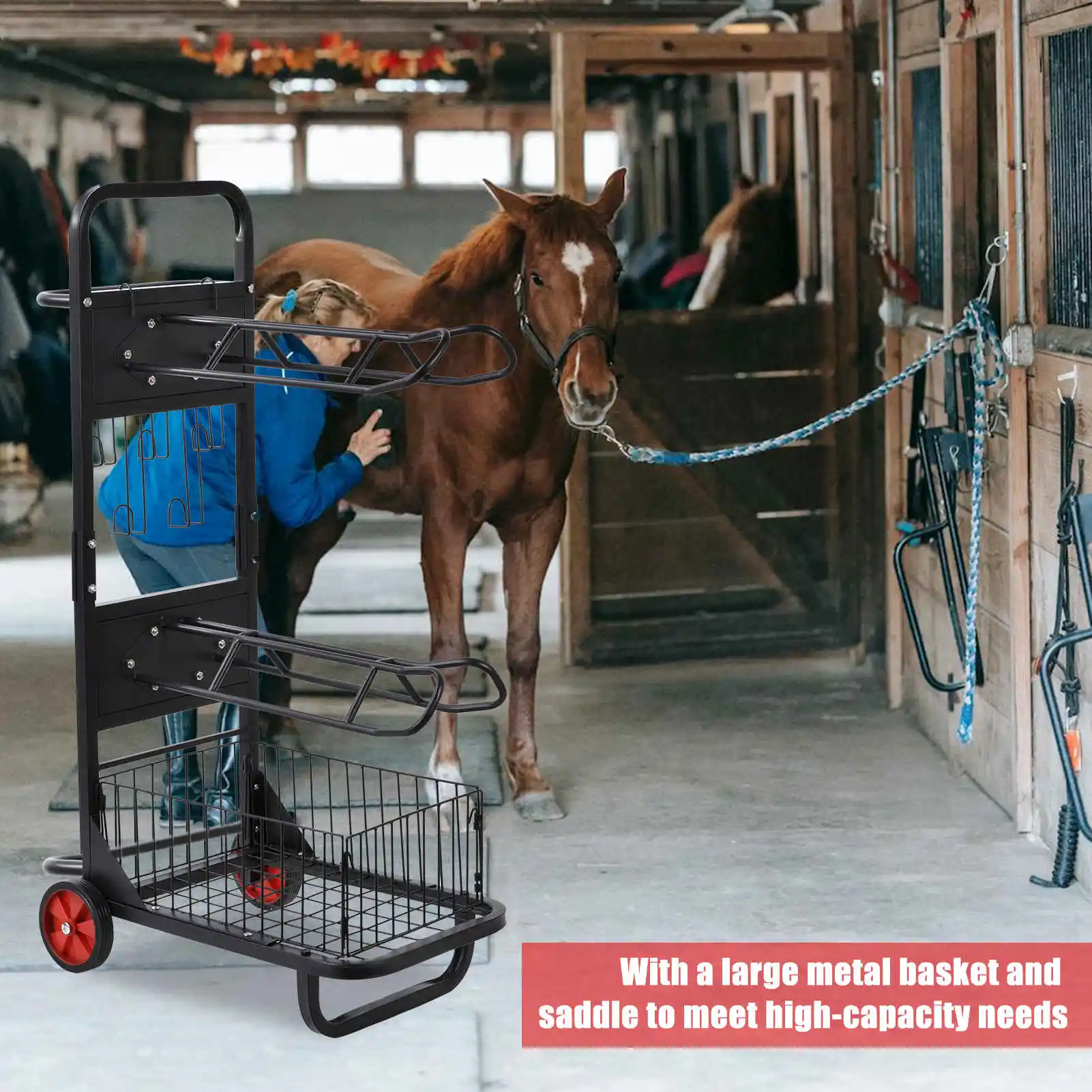 رف متدحرج احترافي على عجلات - عربة تخزين سرج الحصان المتنقلة مع مقابض نقل، محمل 66 رطل