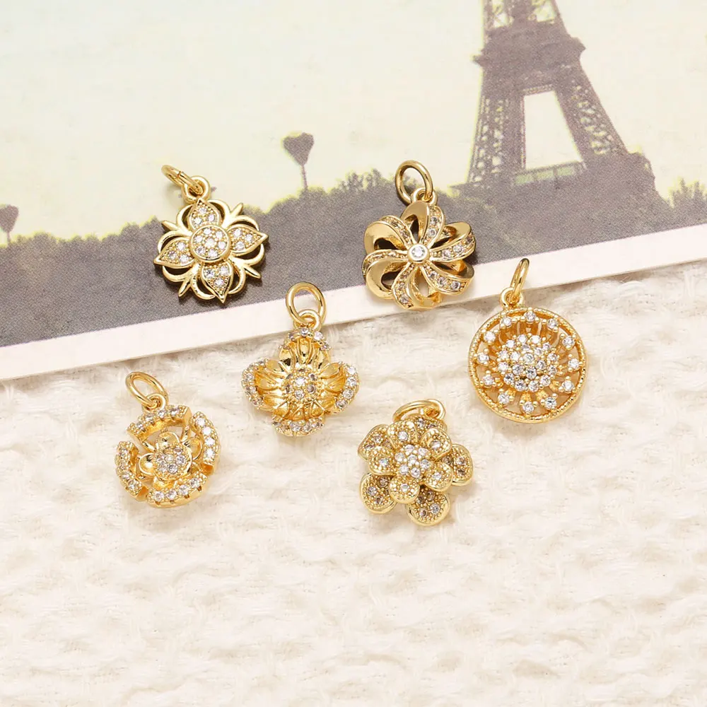 OCESRIO White Crystal Small Flower Charms for Bracelet Copper Gold Plated Peony Crossover DIY Jewelry Making Component chma391